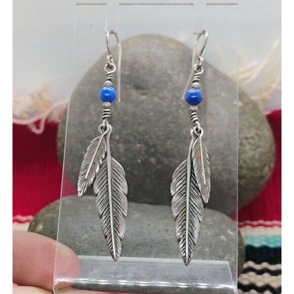 Vtg Native Sterling Silver Dangle Feather Earrings Lapis Lazuli Bead Southwest - Picture 4 of 7